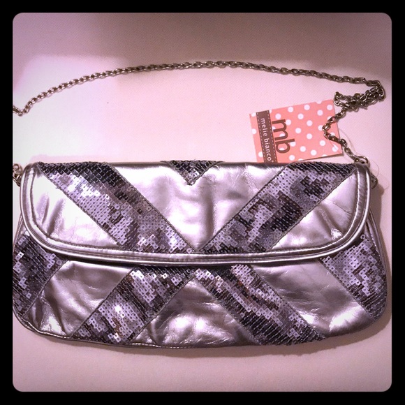 Melie Bianco striped sequin Clutch in silver - Picture 1 of 7